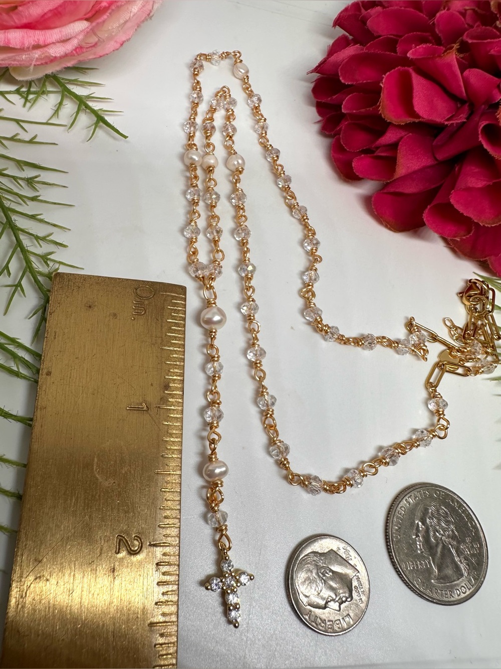 NEW ⚜️ Freshwater Pearl & Crystal Handmade Rosary Necklace - Picture 8 of 9